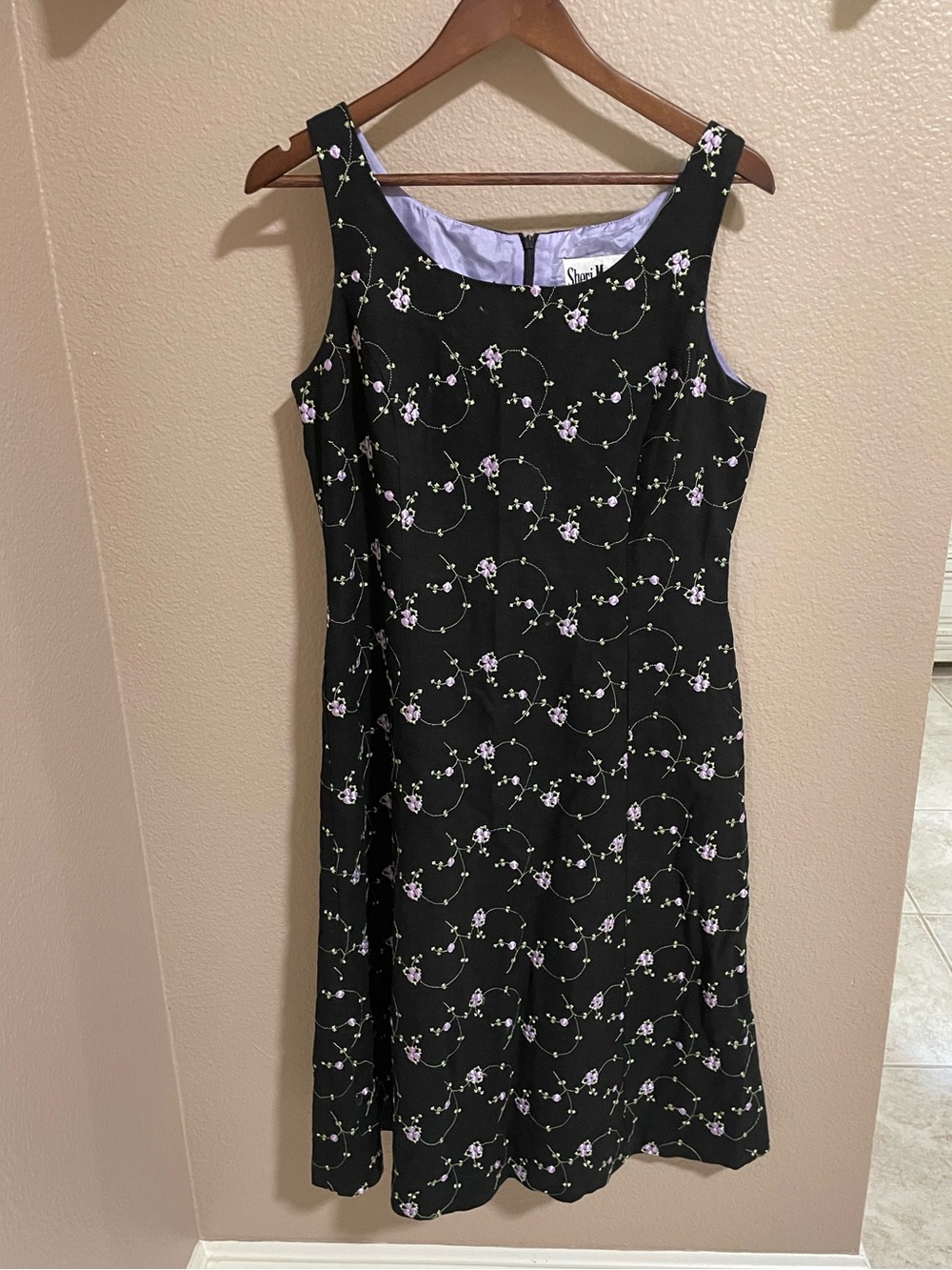 Vintage Sheri Martin Black Floral Linen Blend Sleeveless Embroidered A-Line Dres